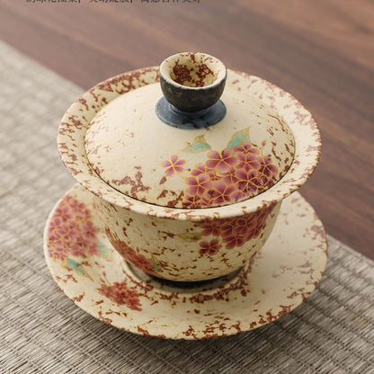 Blue & White Fire Stone Red Hydrangea Gaiwan Tea Set | Kiln-Fired Vintage Ceramic | Gaiwan & 2 Cups