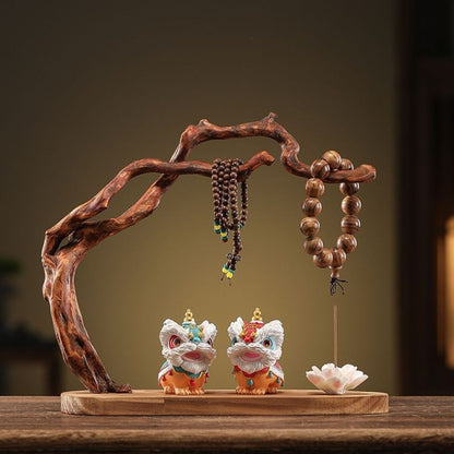 Solid Wood Root Carving Bracelet Display Stand Set – with Lion Figurine & Lotus Incense Holder
