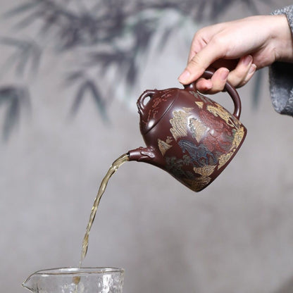 Yixing Purple Clay Teapot "Immediate Success" 280ml - Hand-Painted Stone Red Clay