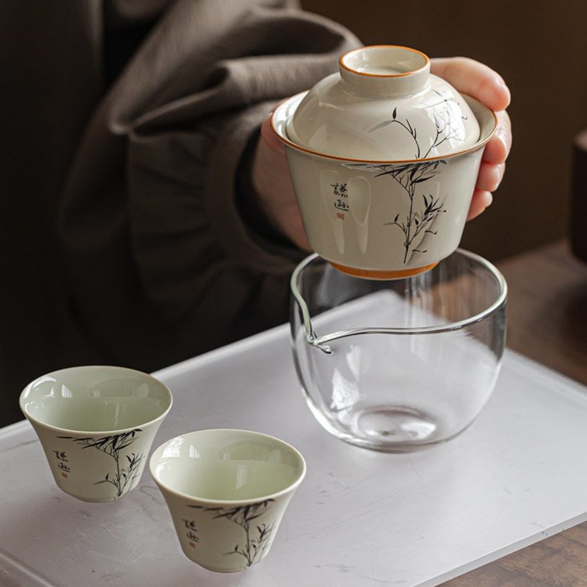 Wood Ash Glaze Ink Bamboo Travel Gaiwan Tea Set