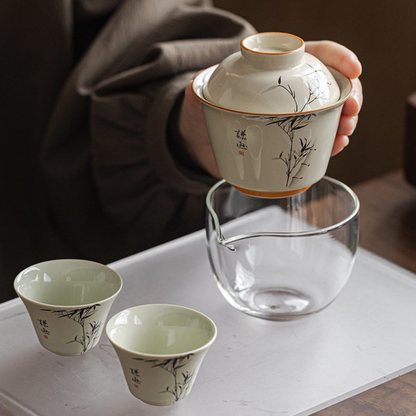 Wood Ash Glaze Ink Bamboo Travel Gaiwan Tea Set