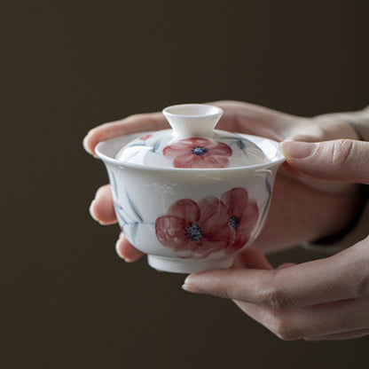 Peach Blossom Hand-Painted Ercai Gaiwan – 150ml Porcelain Tea Bowl