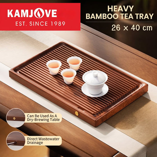KAMJOVE Heavy Bamboo Tea Tray – Dual-Use Dry & Wet Gongfu Tea Board | 40×26cm