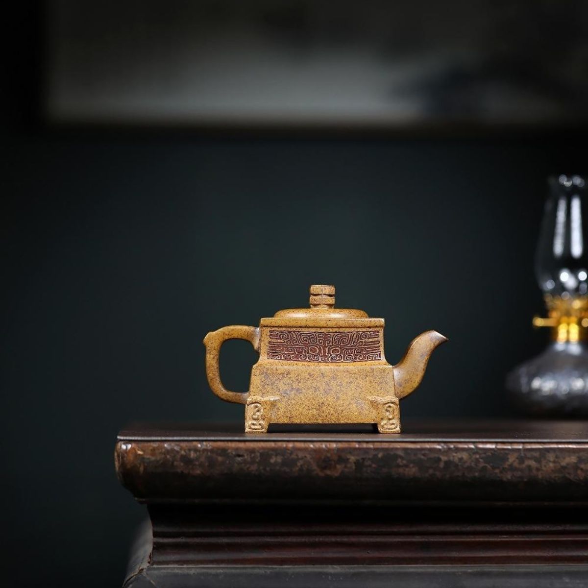 Dragon Bone Square Vessel Yixing Teapot - Wood-Fired Longgu Golden Sand 260ml