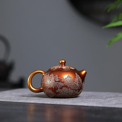 Golden Sand Elegant Scenery Xishi Teapot - Shell-Fired Stone Red Clay 320ml