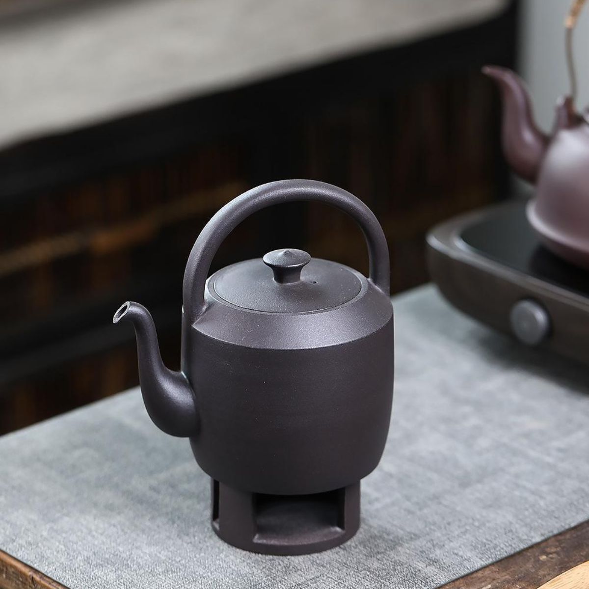 Handmade Yixing Purple Clay Boiling Kettle 700ml - Original Black Clay Handle Teapot for Stove Brewing