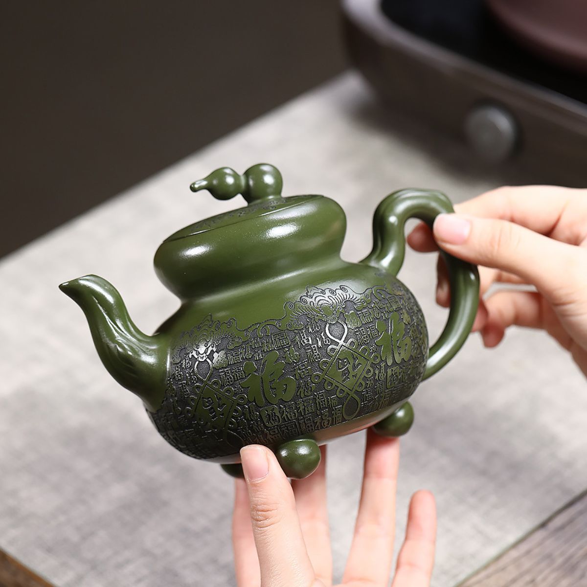 Baifu Gourd Yixing Teapot | Emerald Green Clay | 440ml Handcrafted Zisha
