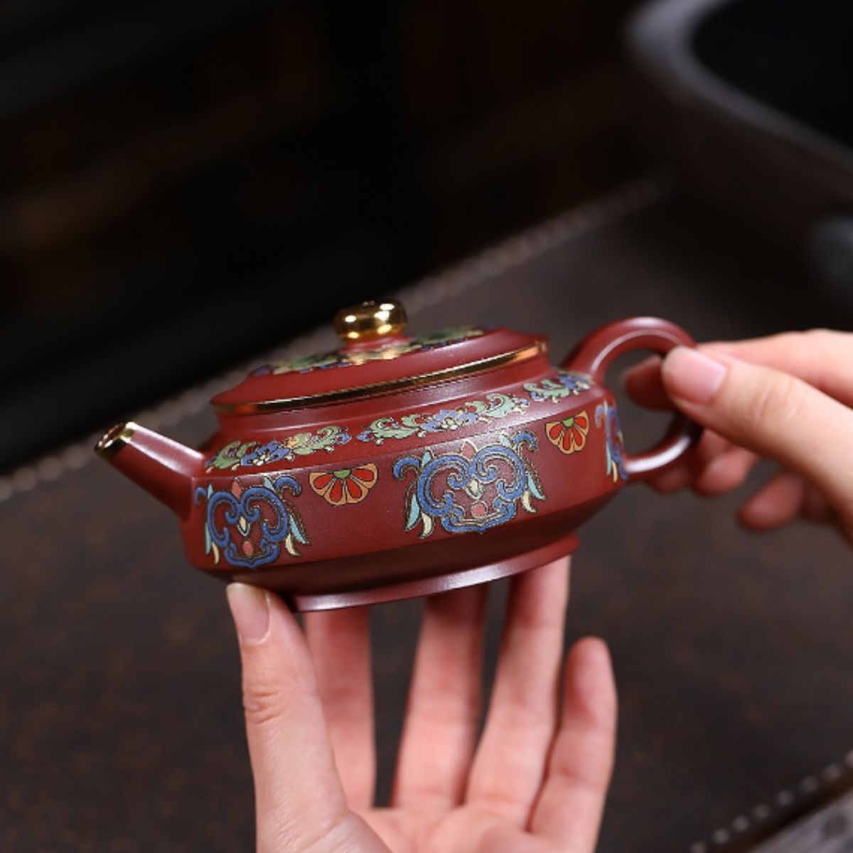 Yixing Purple Clay Teapot "Enamel Zhou Pan" 220ml - Red Dragon Skin Clay with Enamel Painting