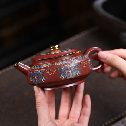 Yixing Purple Clay Teapot "Enamel Zhou Pan" 220ml - Red Dragon Skin Clay with Enamel Painting