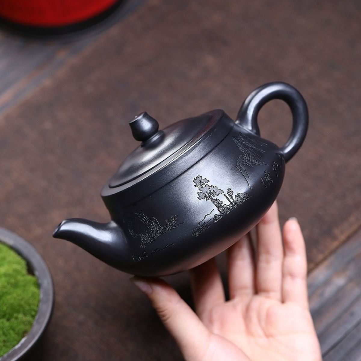 Handmade Yixing Purple Clay Teapot 300ml - Original Shi Huang Clay Landscape Carved Gongfu Tea Pot