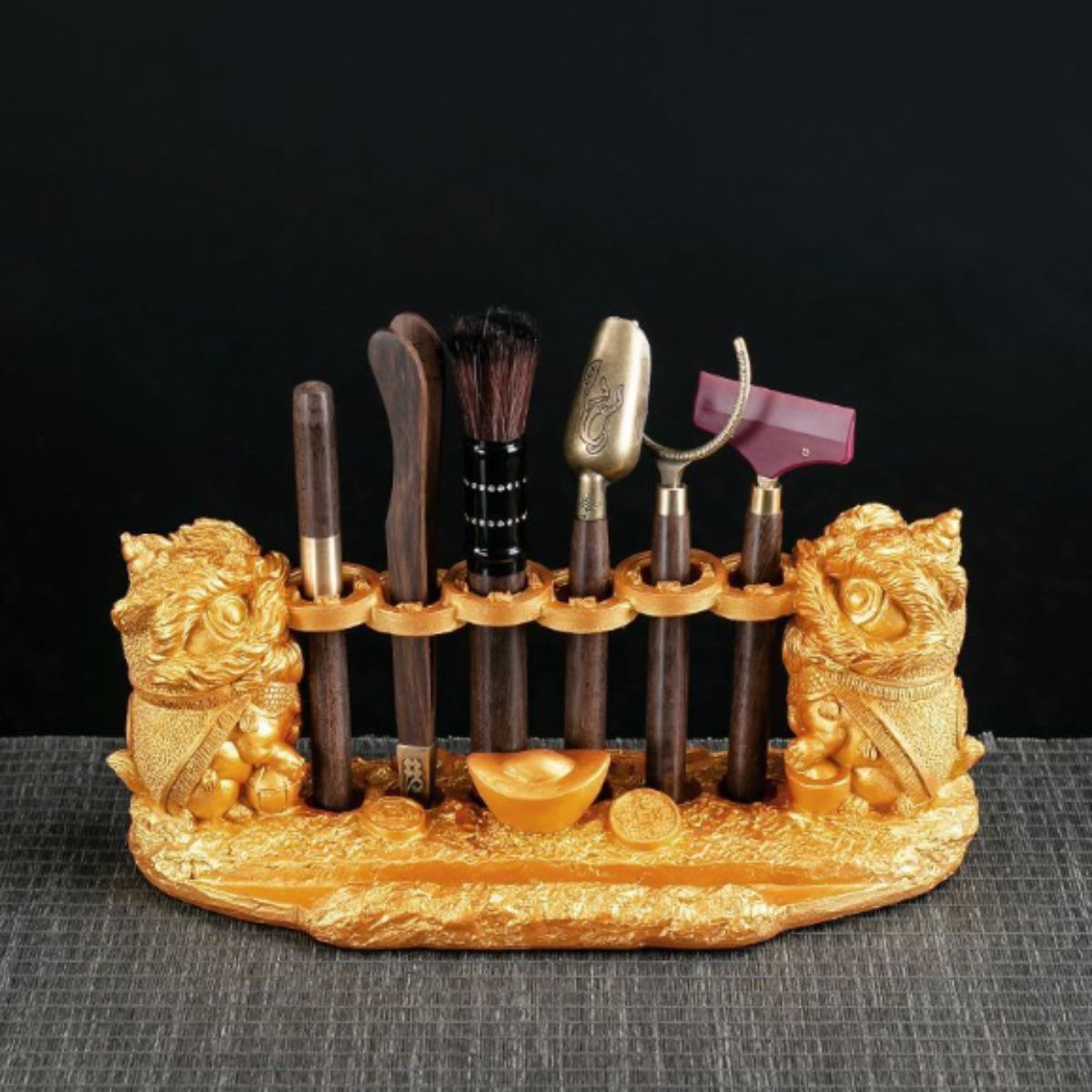 Lion Guardian Tea Ceremony Set - 6-Piece Gongfu Tea Tool Kit with Multi-Function Stand