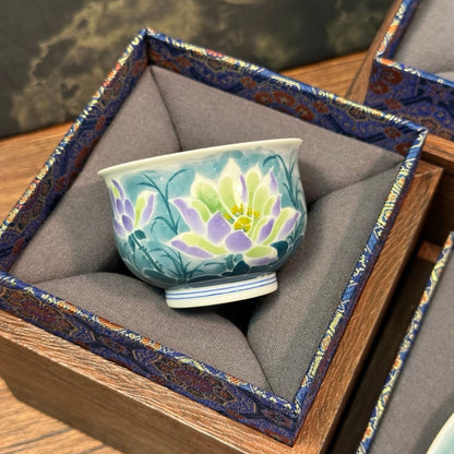 Lotus Pond Moonlight Hand-Painted Ceramic Tea Set – Gaiwan, Pu-erh Cup, Ruishi Cup & Dry Brewing Tray