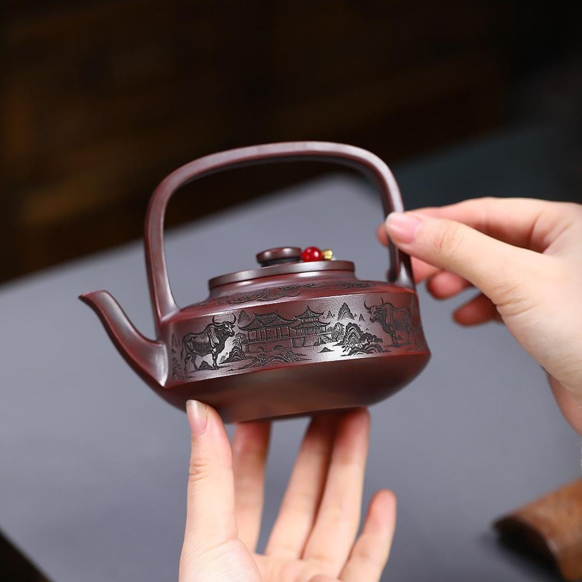 Soaring Bull Spirit Handled Yixing Teapot - Ancient Black Clay 300ml