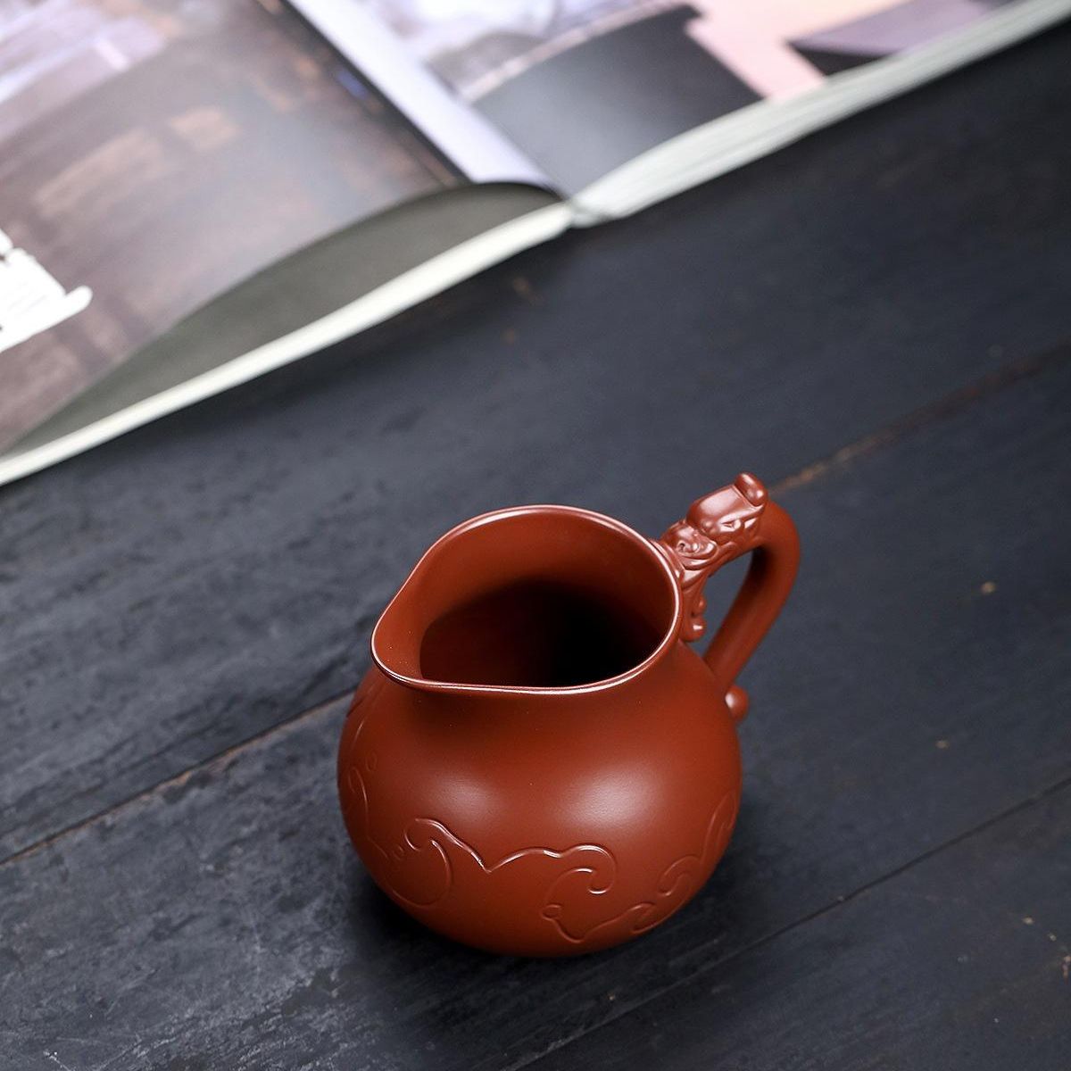 Handmade Yixing Purple Clay Fair Cup 330ml - Dahongpao Dragon Pattern Carved Tea Pitcher