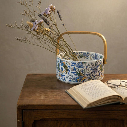 Chinese Iris Ceramic Basket – Decorative Handled Porcelain Basket | Black & White