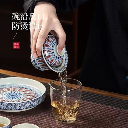 Jingdezhen Antique Clay Tea Set | 8-Piece Red Scroll Pattern Gaiwan Gift Box 120ml