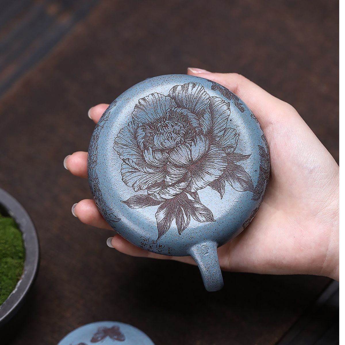 Yixing Zisha Teapot | Royal Blue Duan Ni with Hand-Engraved Peony | 180ml Gongfu Tea Pot