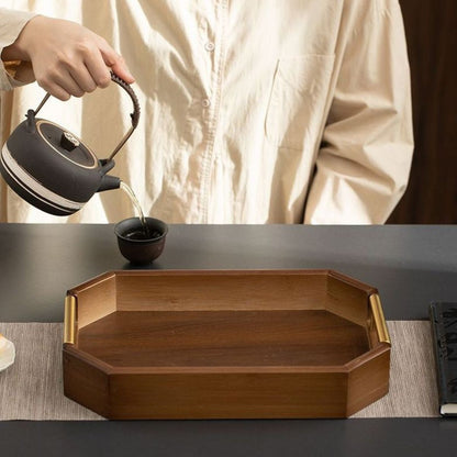 Chestnut Octagonal Serving Tray with Metal Handles – Tea Tray, Pastry Plate & Organizer | 2 Sizes