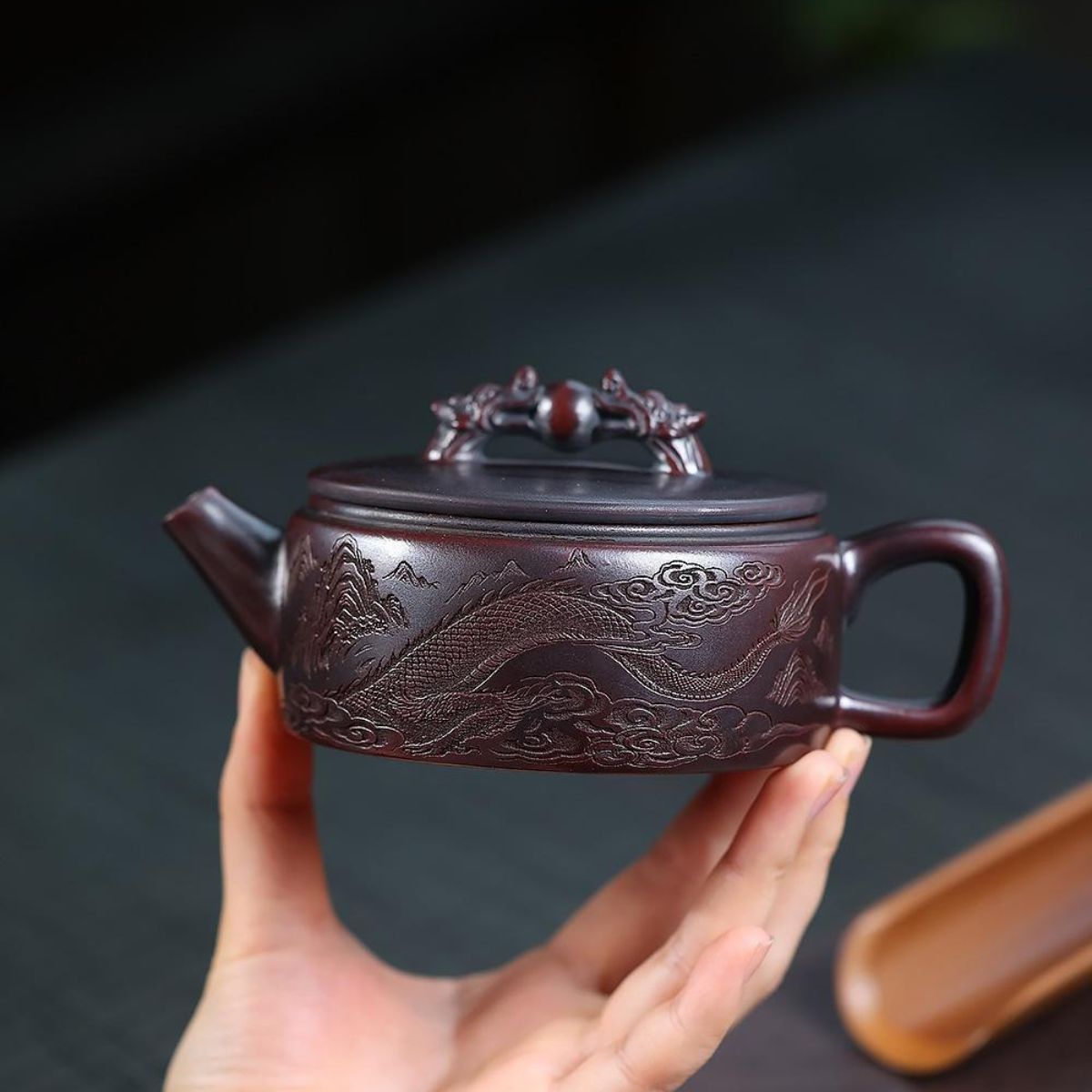 Shuang Long Xi Zhu Yixing Teapot | Raw Gu Wu Ni Ancient Dark Clay | Handcrafted 260ml