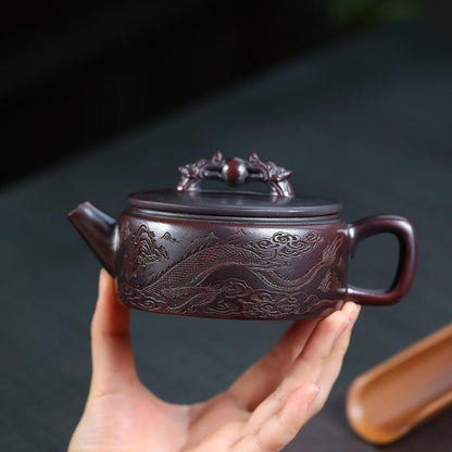 Shuang Long Xi Zhu Yixing Teapot | Raw Gu Wu Ni Ancient Dark Clay | Handcrafted 260ml