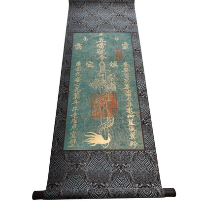 Dragon Sword & Five Thunder Hand-Painted Taoist Wall Scroll | Home Protection Art | Tea Room Decor