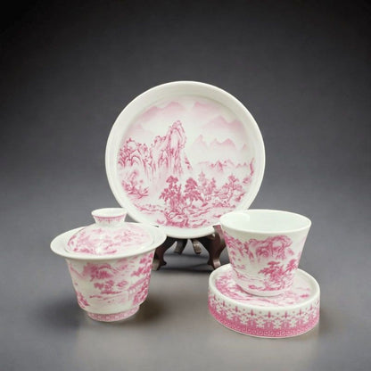 Jingdezhen High-Fire Famille Rose Mountain Stream Gongfu Tea Set – Gāo Shān Liú Shuǐ | 4-Piece