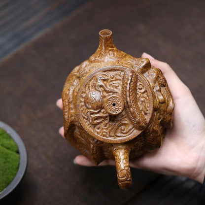 Handmade Yixing Purple Clay Teapot 380ml - Wood-Fired Dragon Bone Gold Sand Coiling Dragon Xi Shi Gongfu Tea Pot