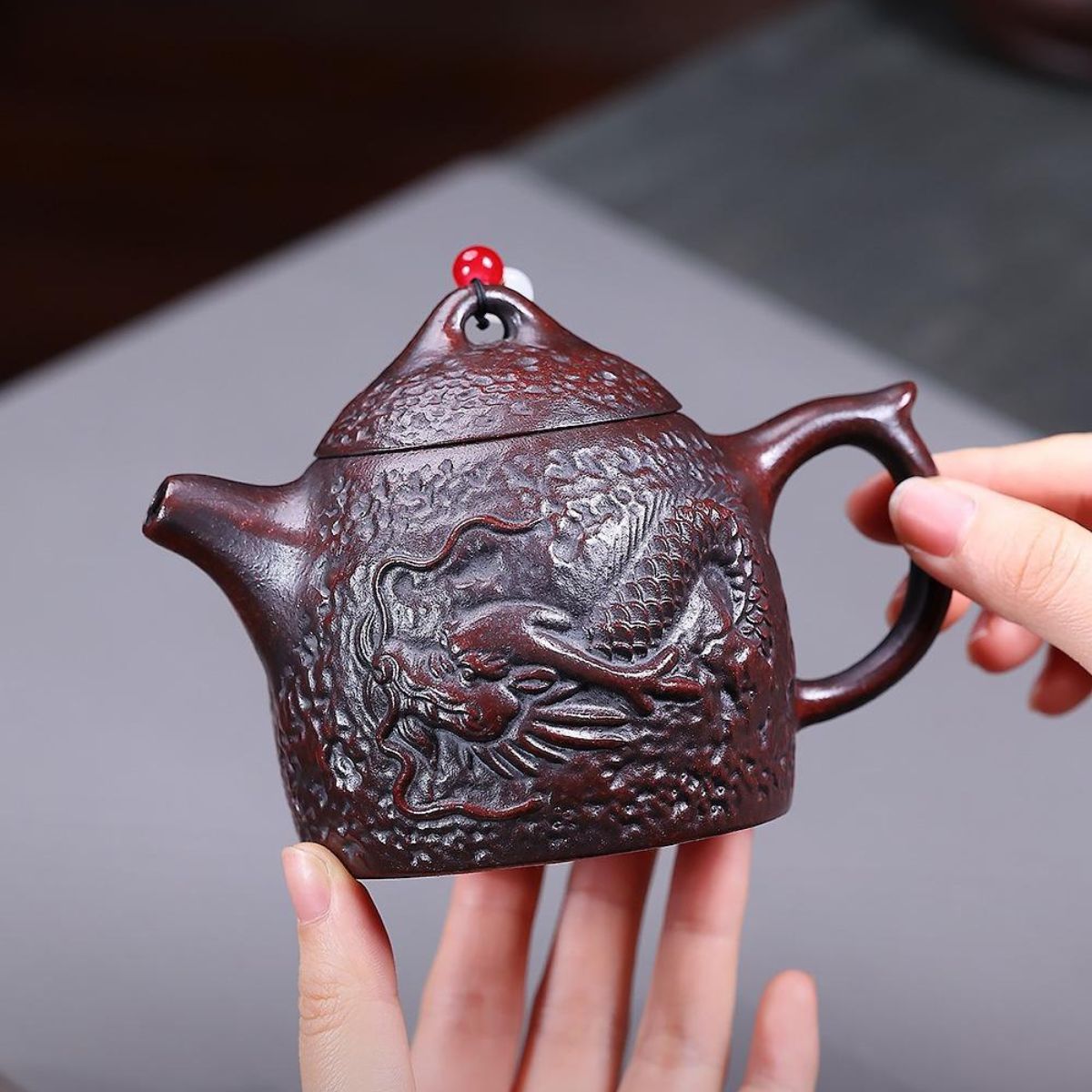 Yin Long Qin Quan Yixing Teapot | Raw Tie Xue Hong Sha Iron-Red Clay | Handcrafted 260ml