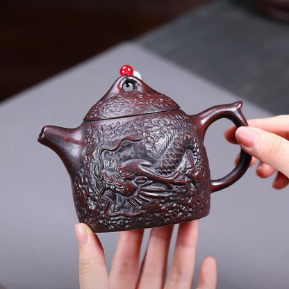 Yin Long Qin Quan Yixing Teapot | Raw Tie Xue Hong Sha Iron-Red Clay | Handcrafted 260ml