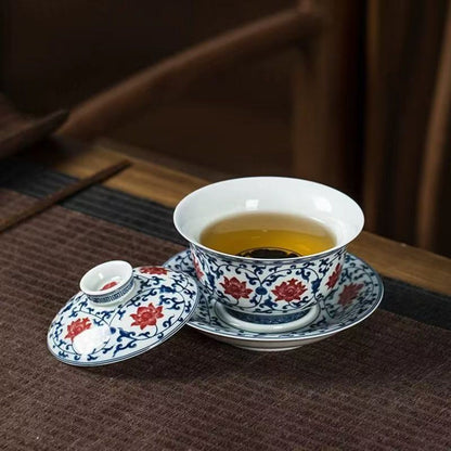 Jingdezhen Blue & Red Gaiwan Tea Set | Vintage Underglaze Ceramic with 2 Cups 160ml
