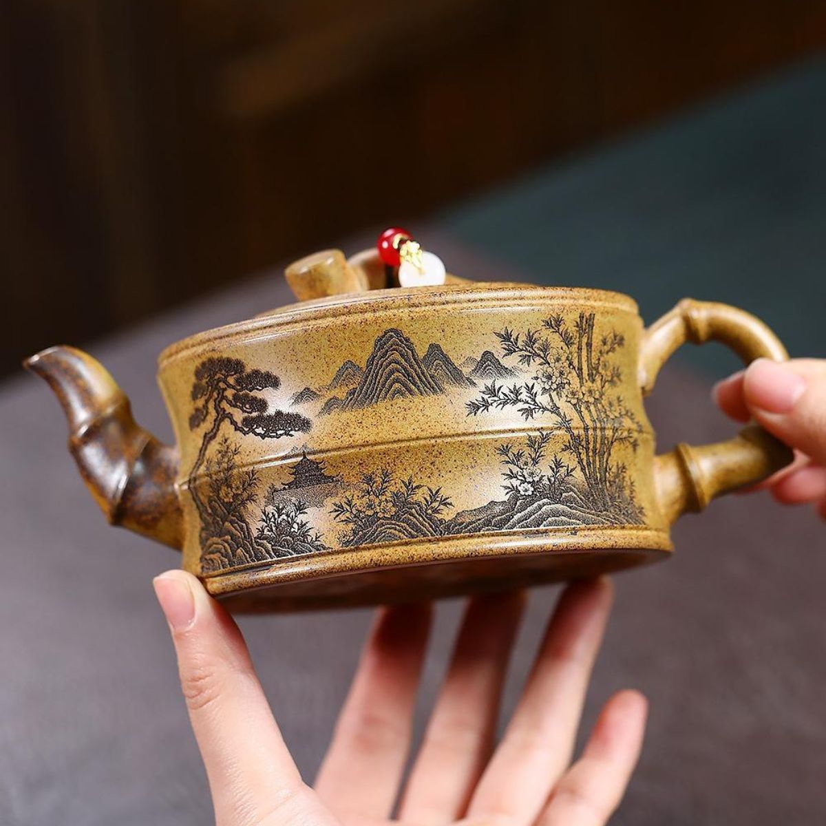 Rising Prosperity Bamboo Yixing Teapot - High-Temp Duanni Clay 380ml
