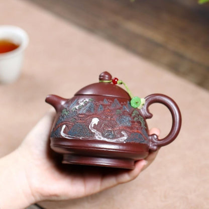 Misty Clouds Ancient Pavilion Yixing Teapot - Stone Red Clay 250ml