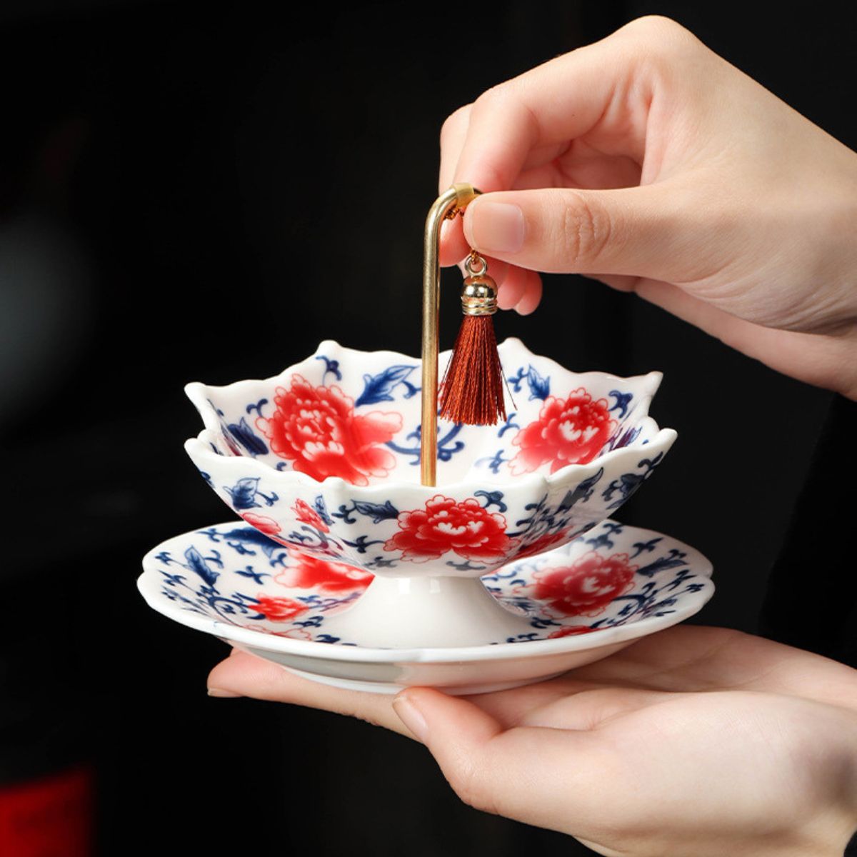 Umbrella Tea Strainer Set | Blue & White Porcelain or Red Peony | Gongfu Tea Accessory