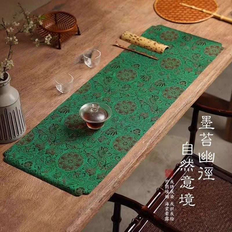 Chinese Double-Sided Brocade Lotus Table Runner – Tea Ceremony Cloth | Deep Green & Lake Blue (4 Sizes)