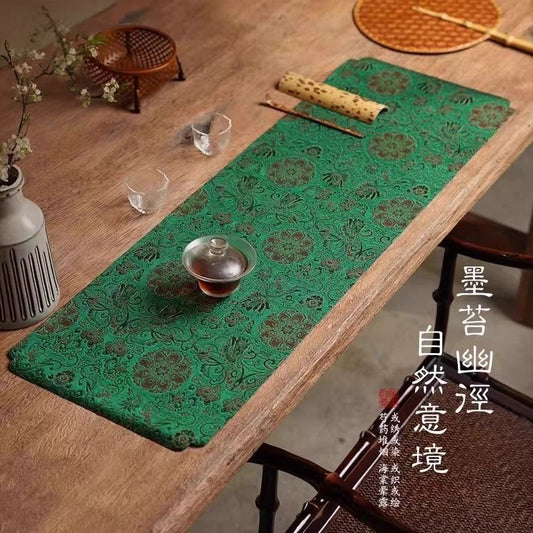 Chinese Double-Sided Brocade Lotus Table Runner – Tea Ceremony Cloth | Deep Green & Lake Blue (4 Sizes)