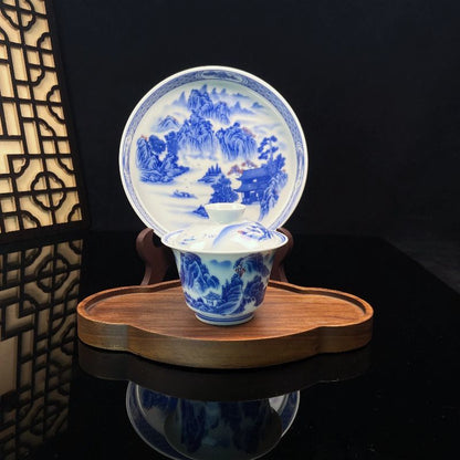 Jingdezhen Blue & White Landscape Gongfu Tea Set – Underglaze Porcelain | 5-Piece