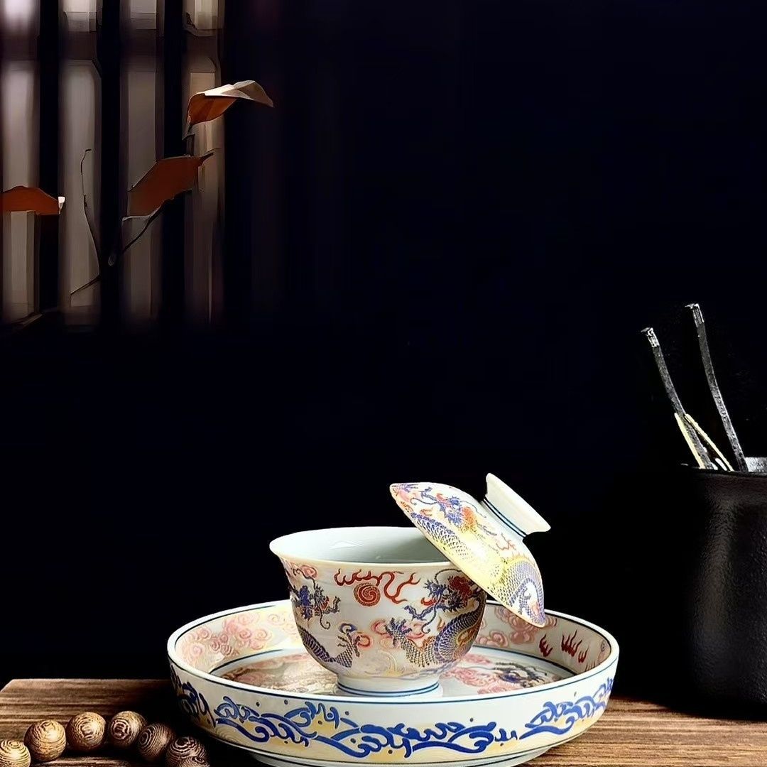 Jingdezhen Famille Rose Twin Dragon & Pearl Gongfu Tea Set – Fencai Porcelain | 5-Piece