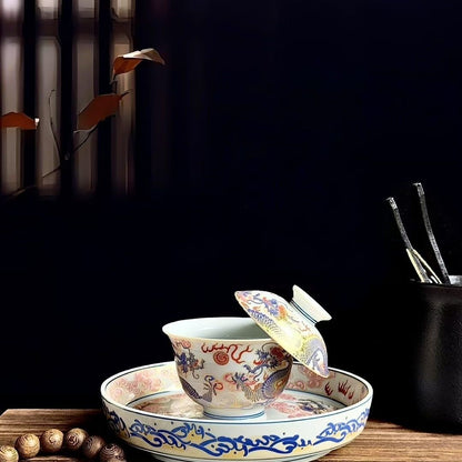 Jingdezhen Famille Rose Twin Dragon & Pearl Gongfu Tea Set – Fencai Porcelain | 5-Piece