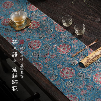 Chinese Double-Sided Brocade Lotus Table Runner – Tea Ceremony Cloth | Red & Blue Lotus on Blue (4 Sizes)