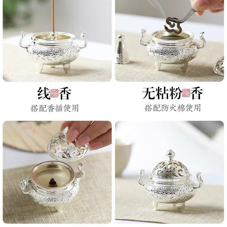 Silver-Gilded Alloy Incense Burner 3-Piece Set – Burner, Tower Incense Mold & Spoon