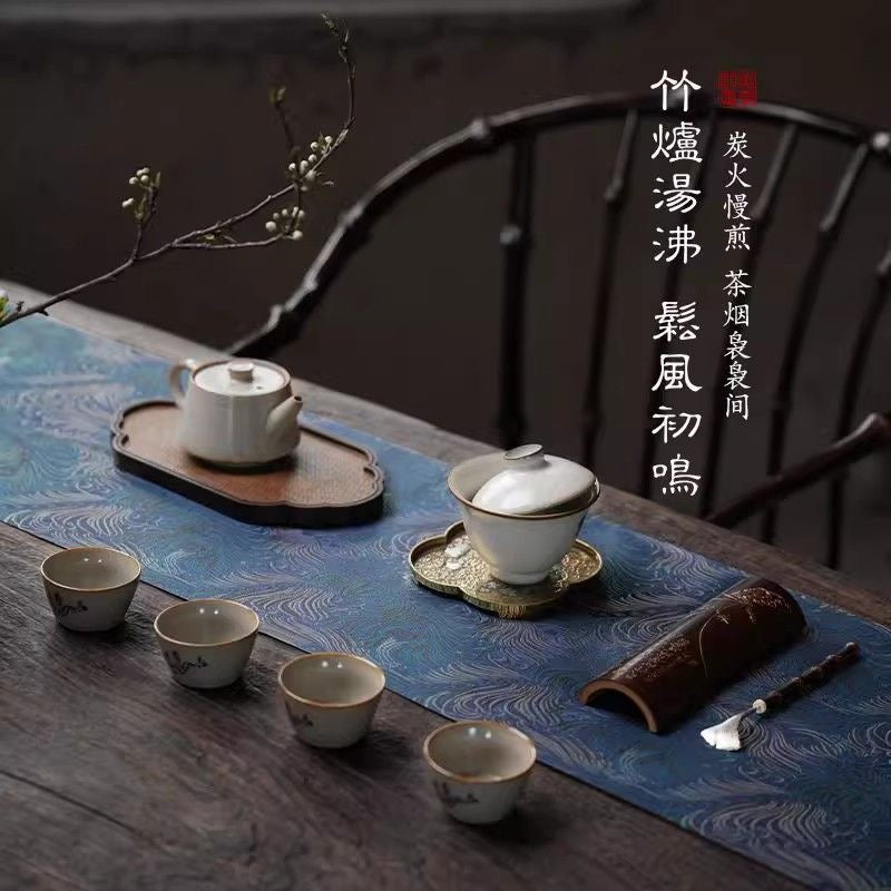 Chinese Double-Sided Brocade Peacock Feather Table Runner – Tea Ceremony Cloth | Blue & Gold (4 Sizes)