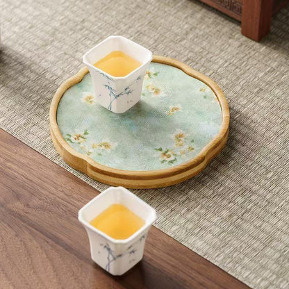 Bamboo Dry Brewing Tea Tray with Embroidered Cloth – 3 Shapes (Gourd / Begonia / Cloud)
