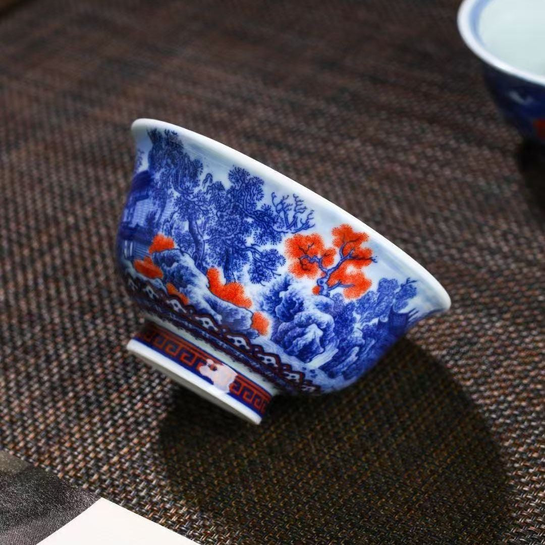 Jingdezhen Blue & White Underglaze Red Jiangnan Landscape Gongfu Tea Set – Master-Painted | Luxury Gift Box | 5-Piece