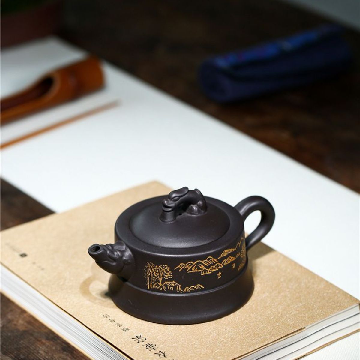Handmade Yixing Purple Clay Teapot 225ml - Original Black Gold Clay Dragon Court Zisha Gongfu Tea Pot