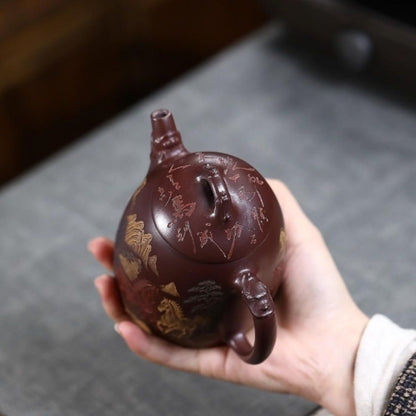 Yixing Purple Clay Teapot "Immediate Success" 280ml - Hand-Painted Stone Red Clay