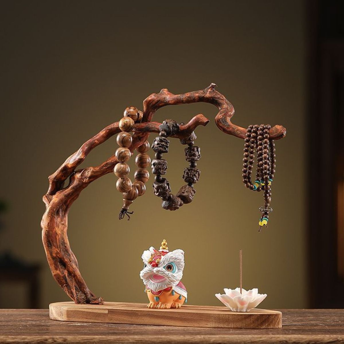 Solid Wood Root Carving Bracelet Display Stand Set – with Lion Figurine & Lotus Incense Holder