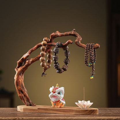 Solid Wood Root Carving Bracelet Display Stand Set – with Lion Figurine & Lotus Incense Holder