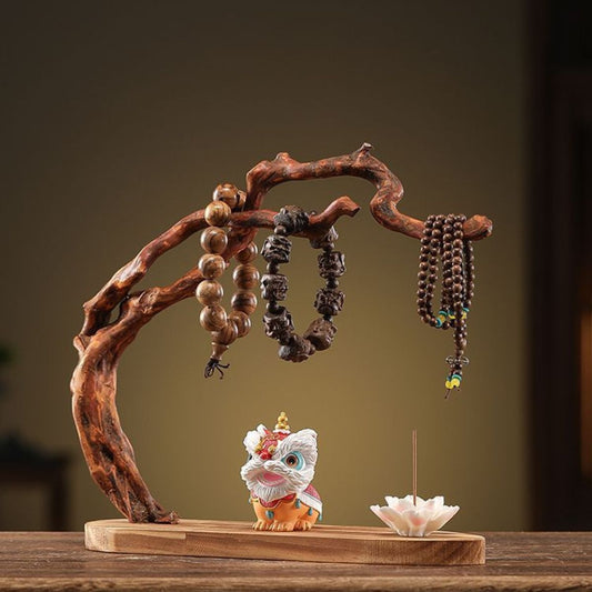 Solid Wood Root Carving Bracelet Display Stand Set – with Lion Figurine & Lotus Incense Holder