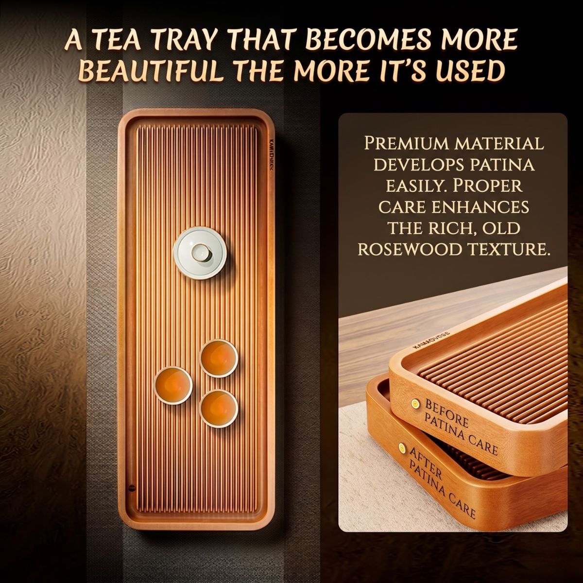 Kamjove Bakelite Tea Tray with Drainage System | 32-Count Cotton Board | No Paint No Wax — 3 Sizes