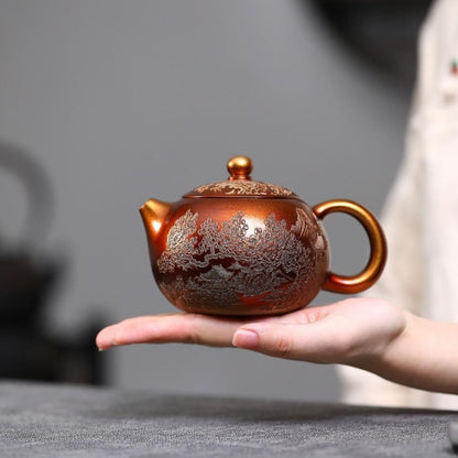 Golden Sand Elegant Scenery Xishi Teapot - Shell-Fired Stone Red Clay 320ml